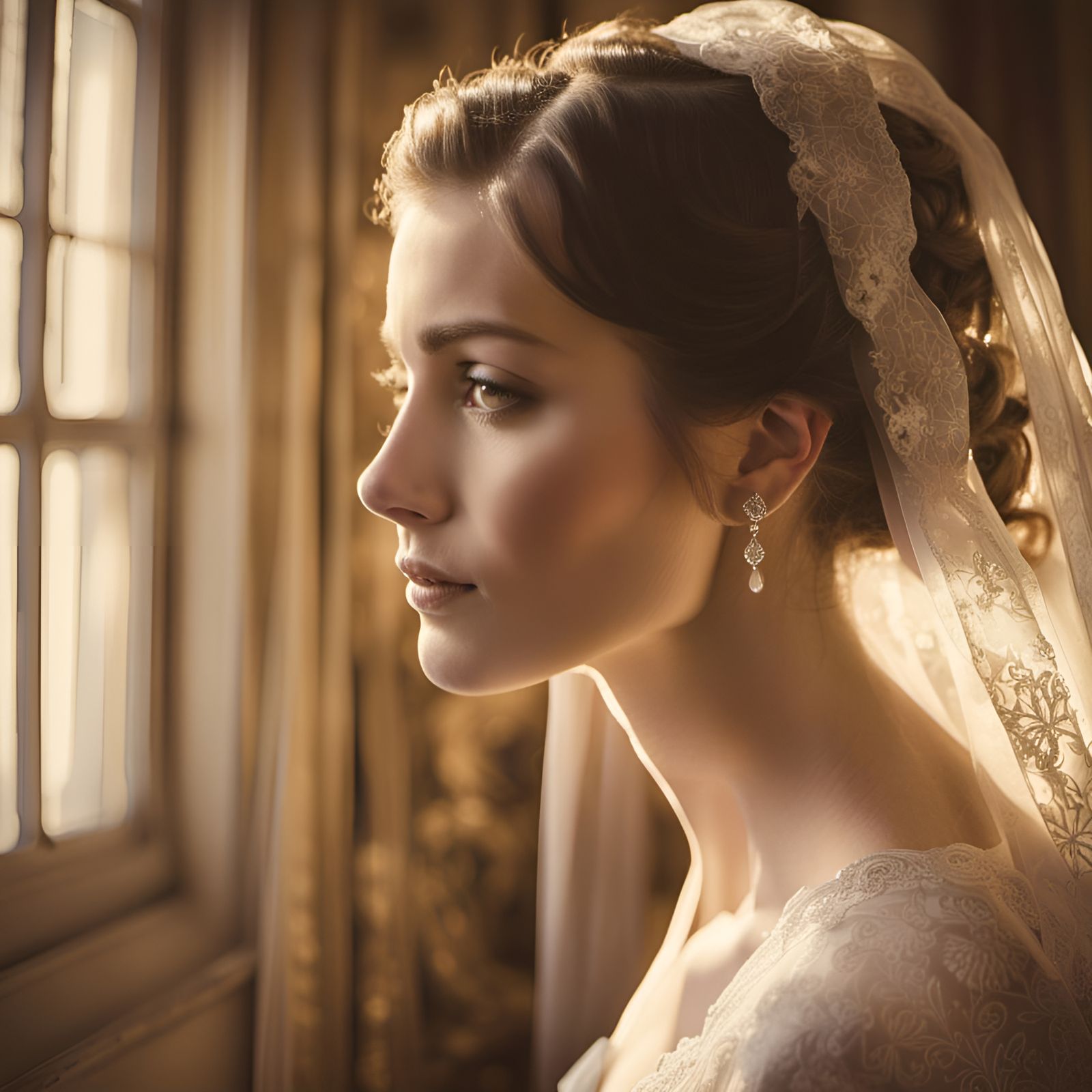 Bride in Veil at Window in Golden Light