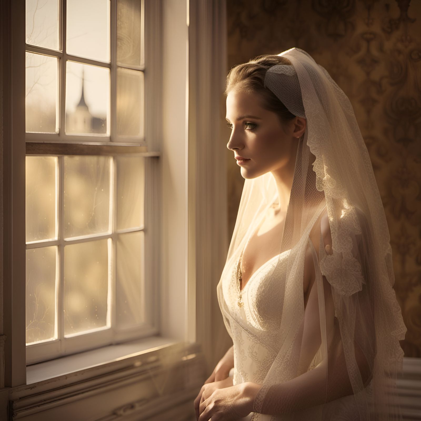 Bride in Golden Light Through Georgian Window