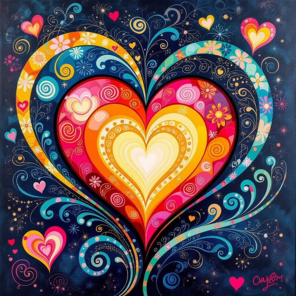 Vibrant Hearts with Swirling Patterns in Bold Style