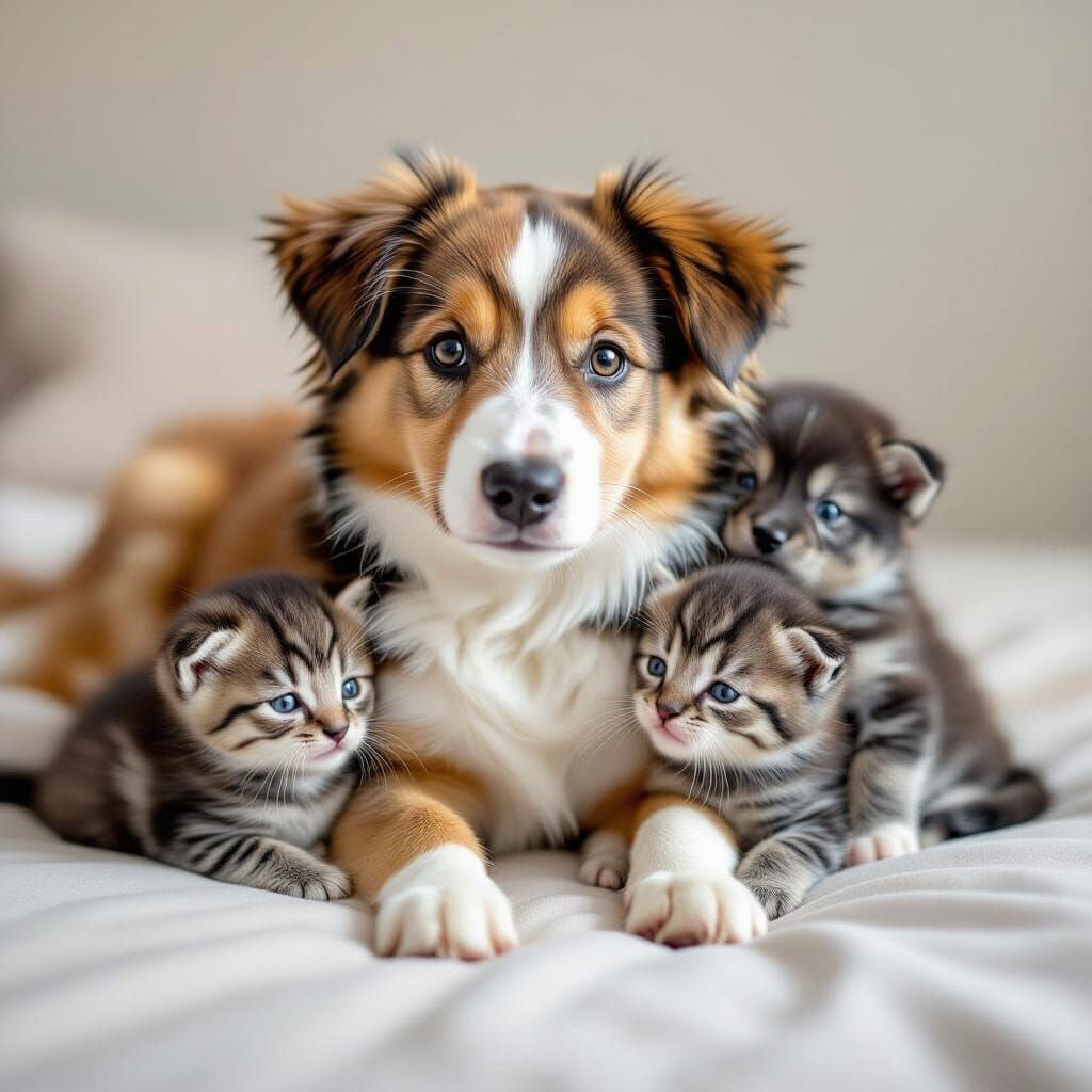 Puppy Adopted by a Mother Cat and Kittens