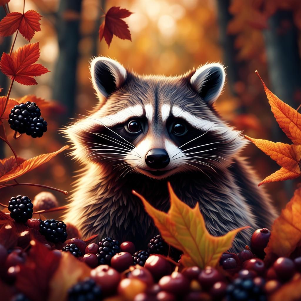 Raccoon Amongst Autumn Leaves: Detailed Digital Painting