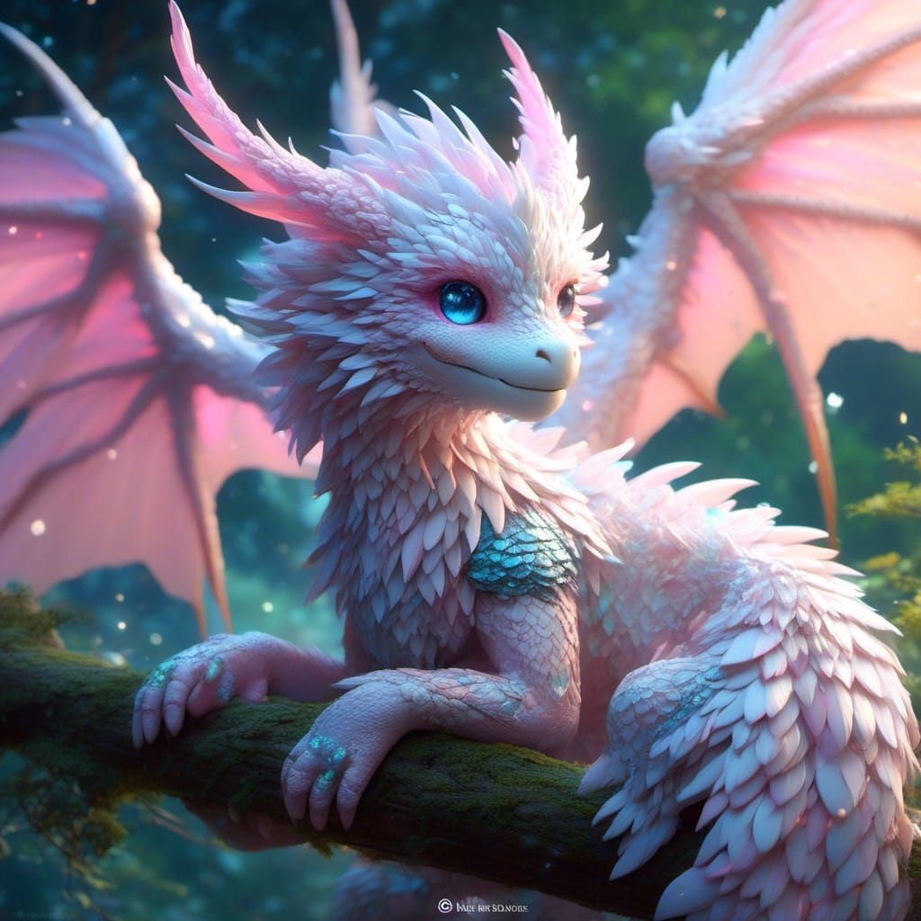 Adorable Pastel Dragon on Branch, Fantasy Portrait