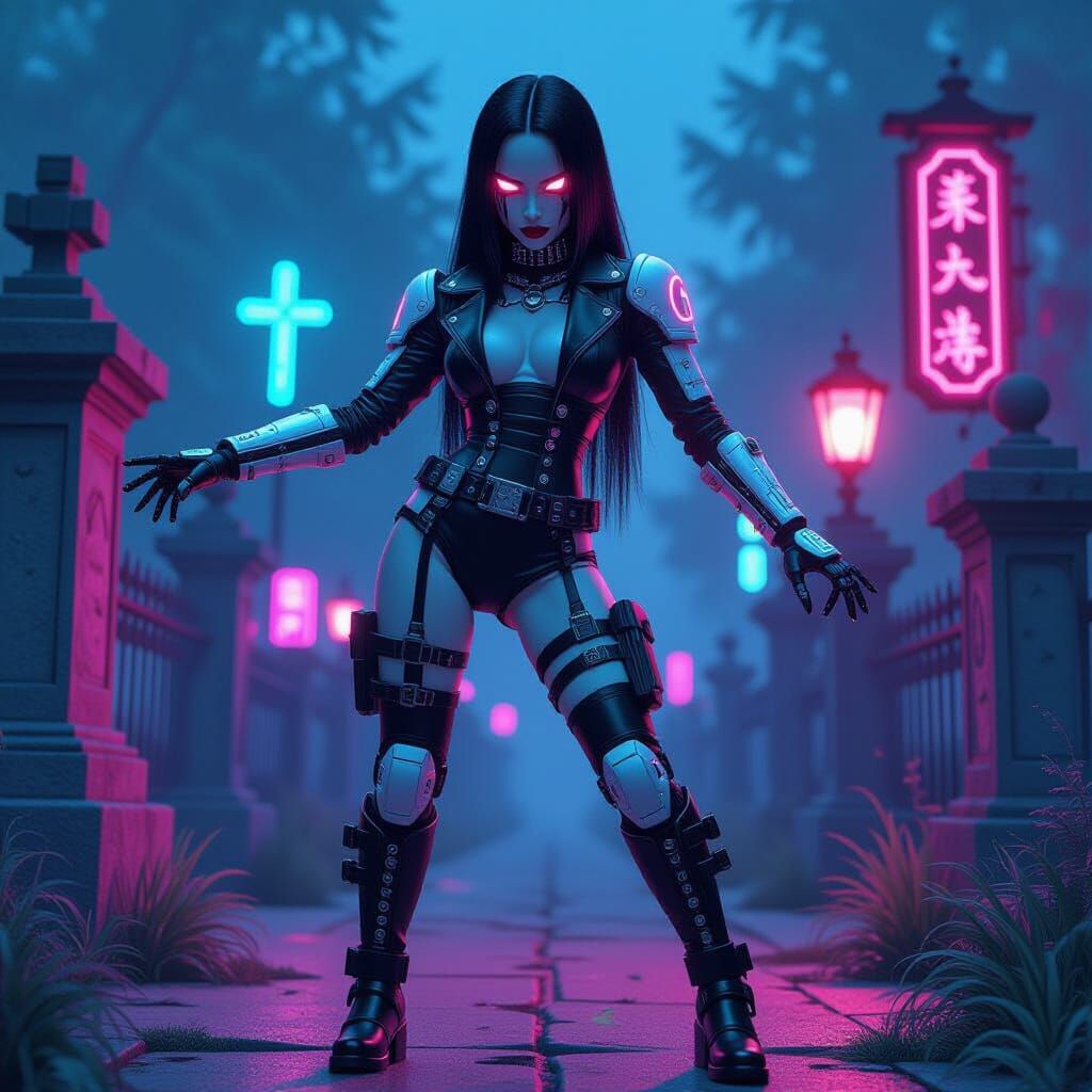 Cyborg Wednesday Dances in Futuristic Neon Cemetery