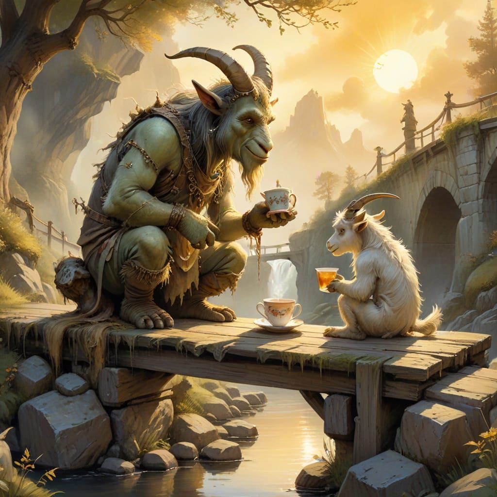 Troll and Goat Tea Party in Watercolor Style