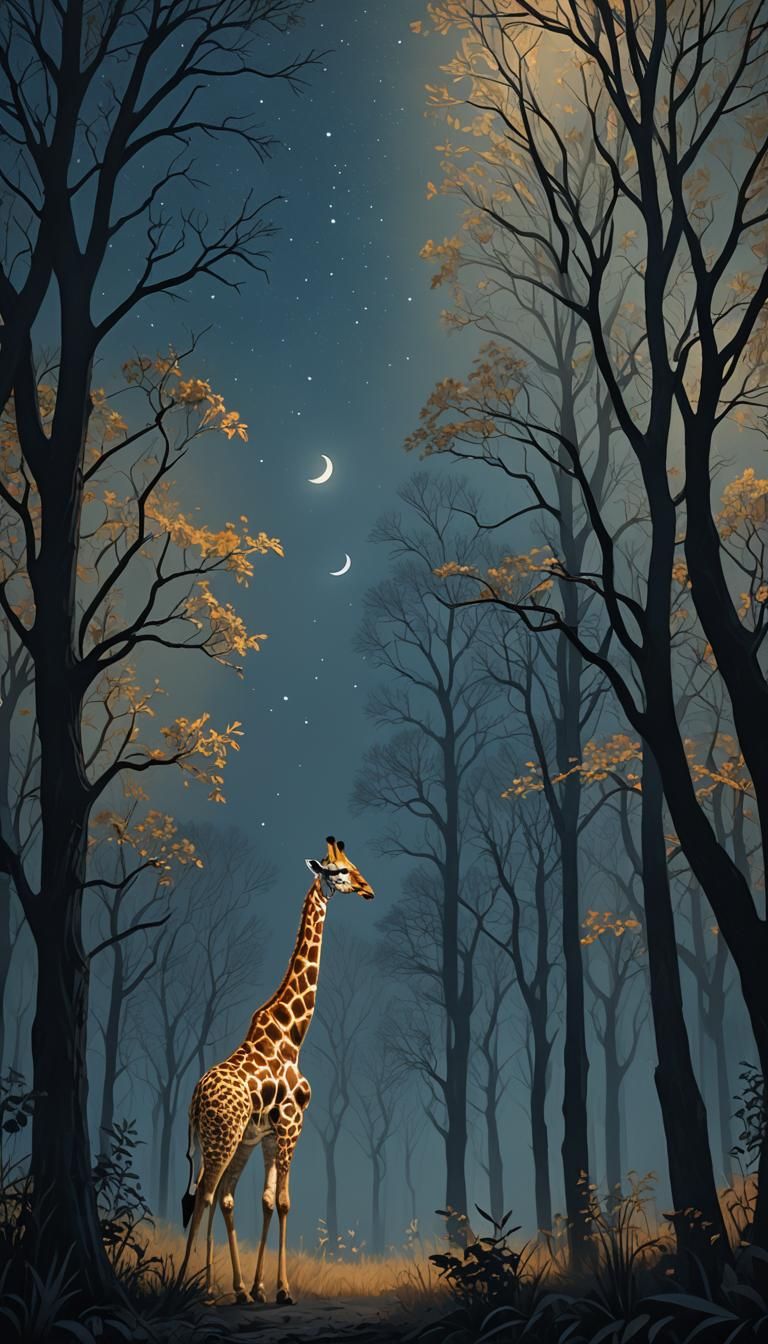 Giraffe and Owl in Nocturnal Wildlife Illustration