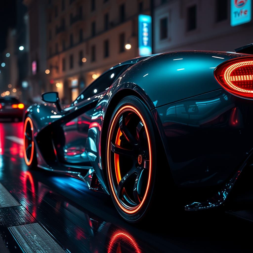 Futuristic Sports Car on Wet Streets at Night