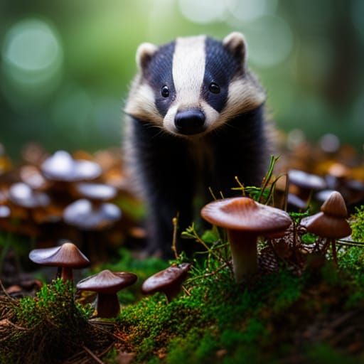 Cottagecore Badger in Mushroom Forest