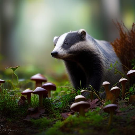Cottagecore Badger in Mushroom Forest