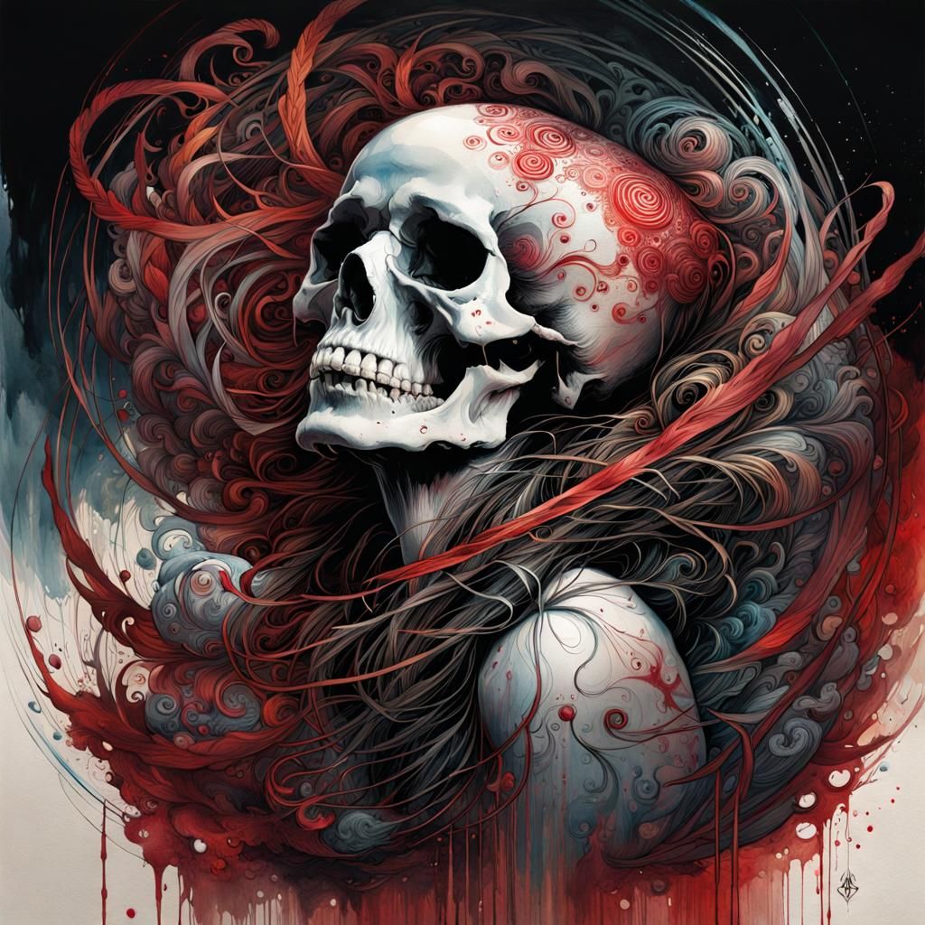 Swirling Skull Portrait in Watercolor Style