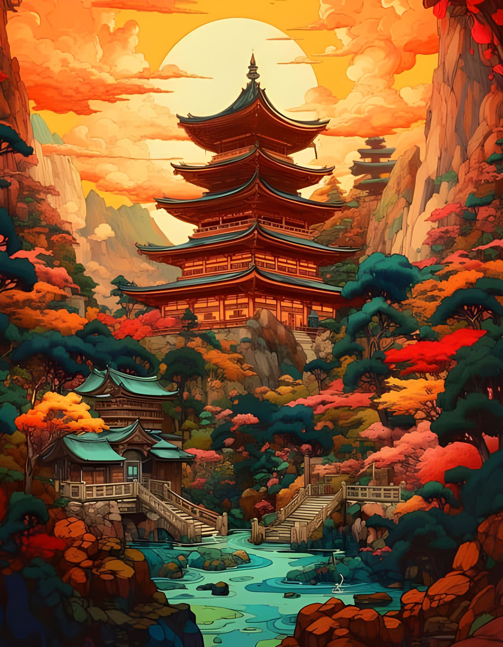 Japanese Temple in Surreal Sci-Fi Landscape