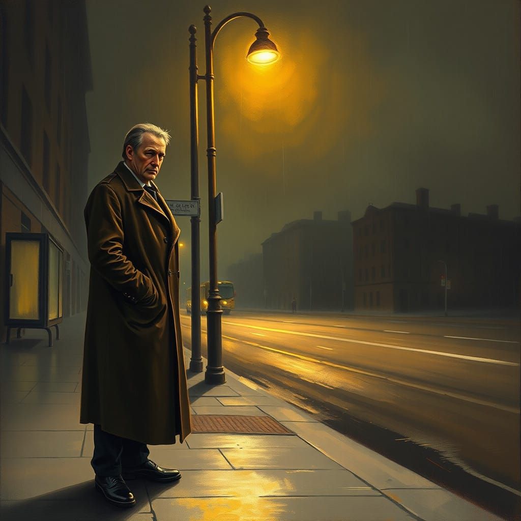Man Waits for Bus in Desolate City Street
