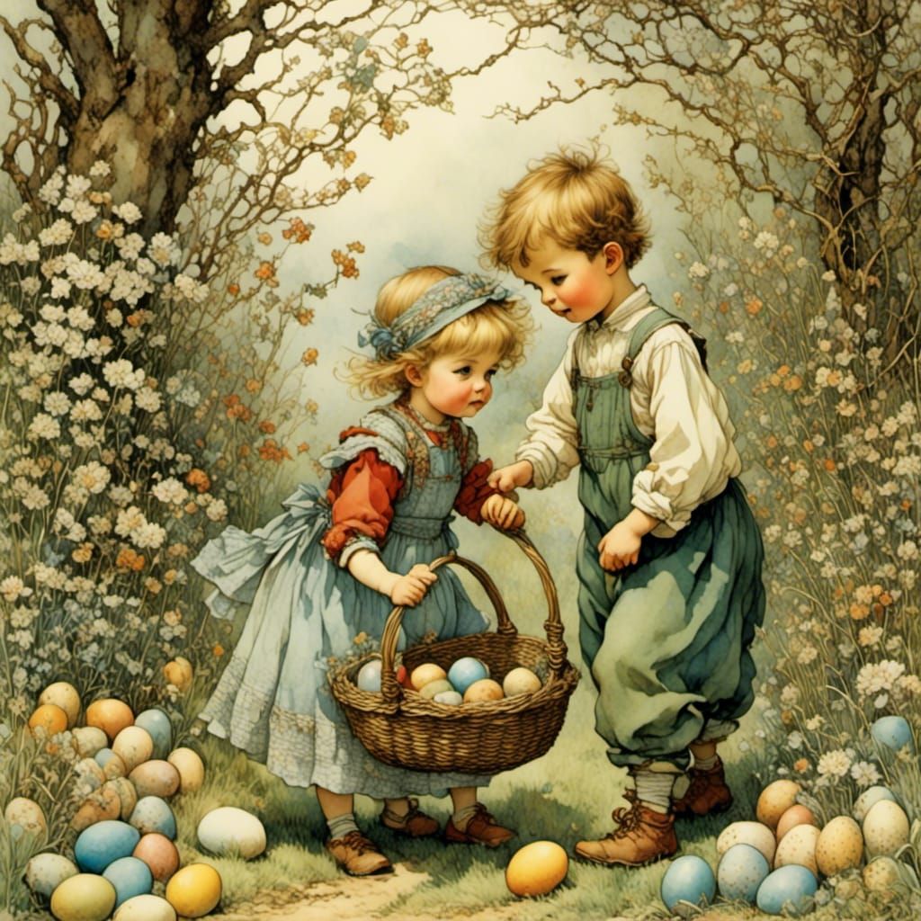 Brother and Sister's Easter Egg Hunt, Illustrated
