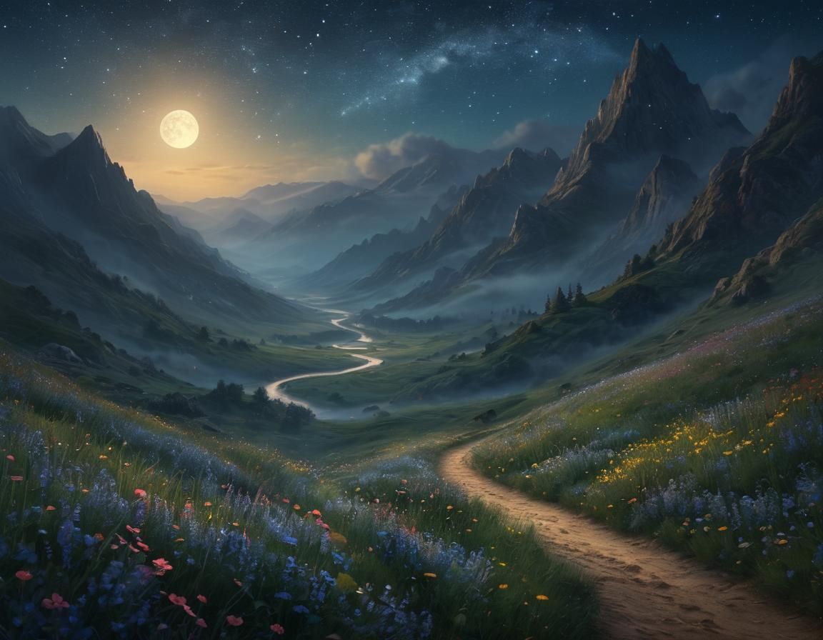 Traveler in Misty Valley Under Starry Moonlit Sky