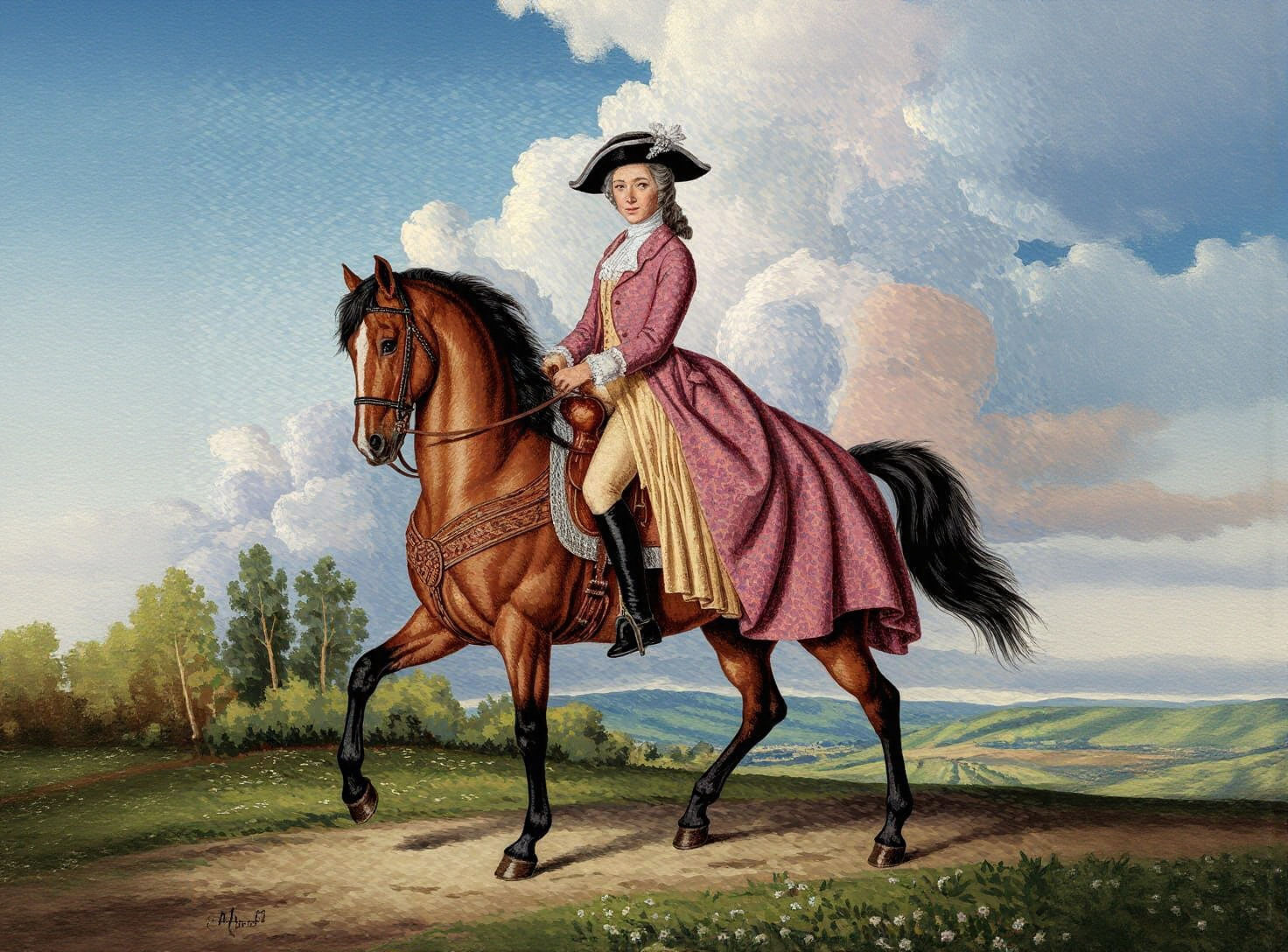 1700s Woman on Horseback in Pointillism Style