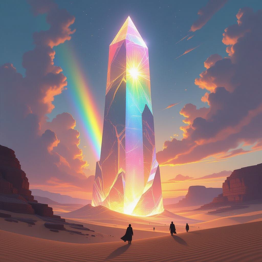 Colossal Crystal Tower Radiates Light in Desert Landscape