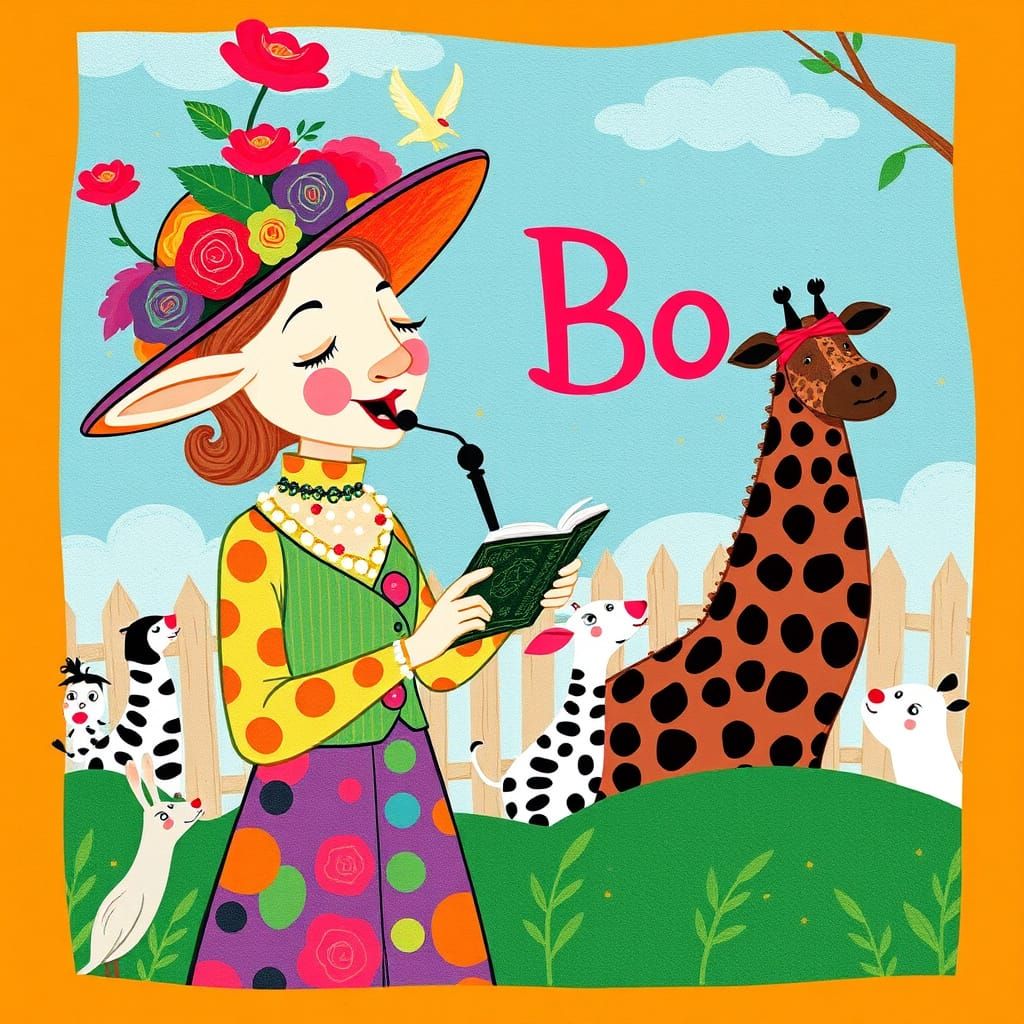 Lady Singing at the Zoo, Whimsical Illustration
