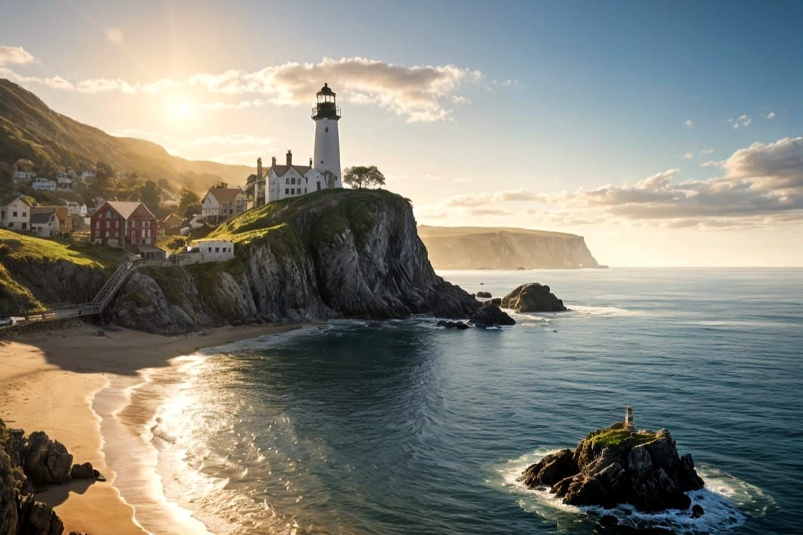 Seaside Village with Lighthouse at Sunrise, Matte Painting S...