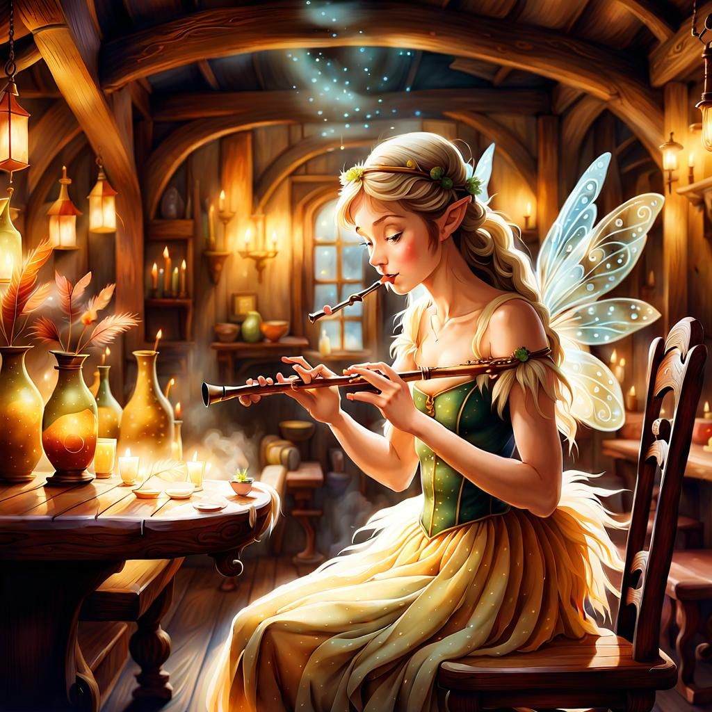 Fairy Flute Player in Tavern, Watercolor Illustration