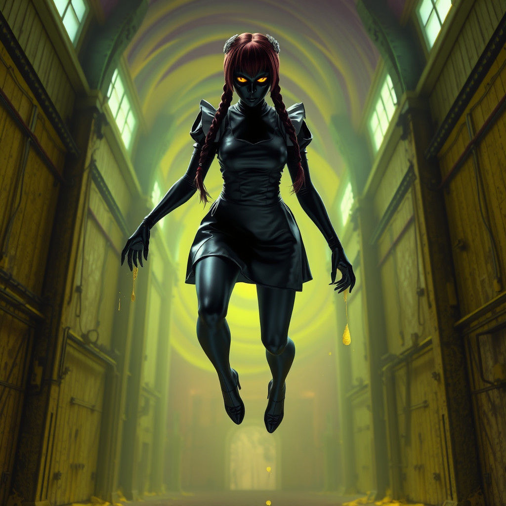 Woman in Latex Uniform Levitation, in 3D Digital Art