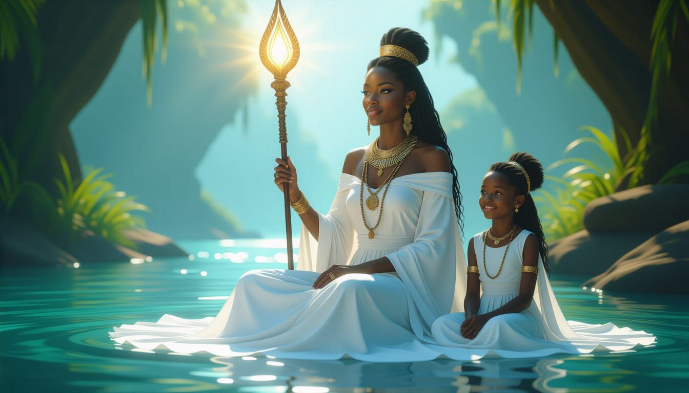 African Goddess and Child on Mystical River