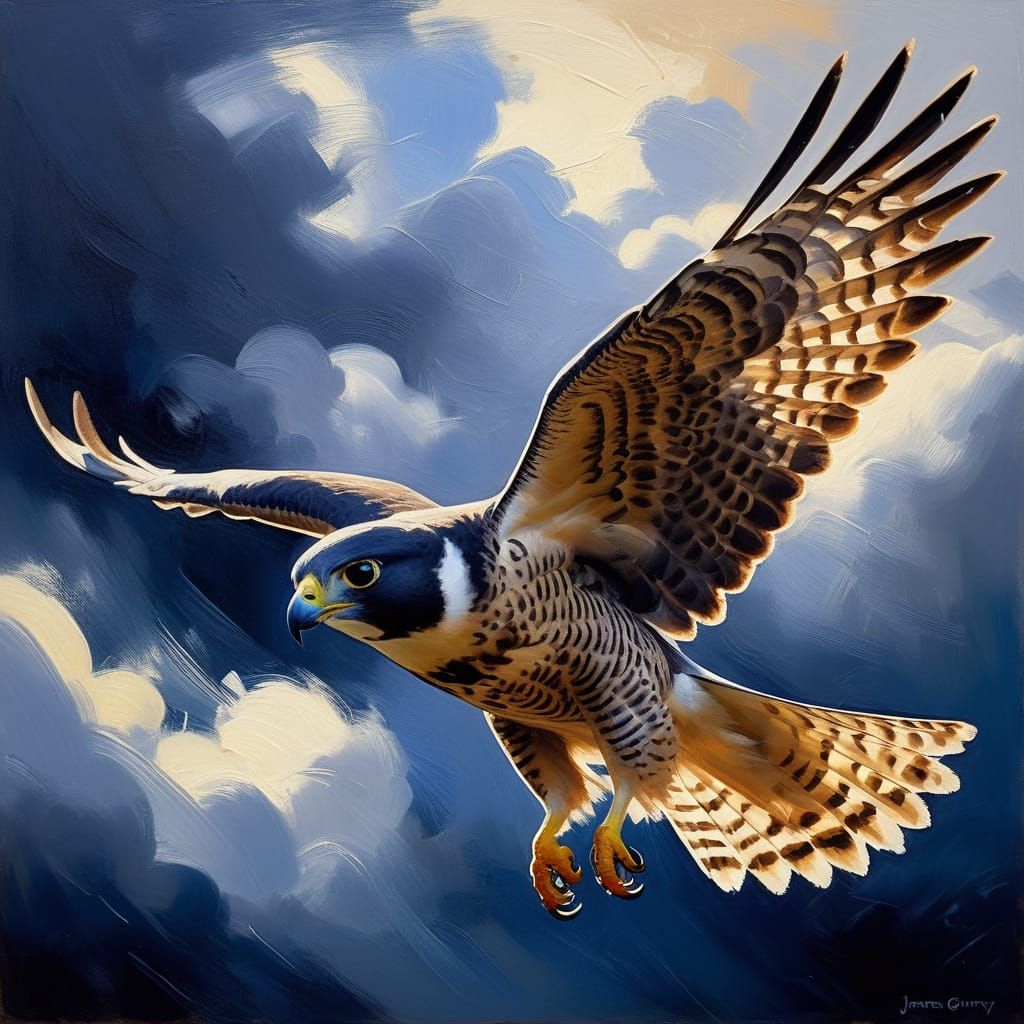 Impressionist Oil Painting of a Peregrine Falcon in Dramatic...