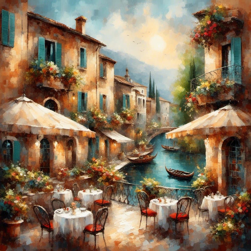 Scenic Italian Cafe View as Acrylic Painting