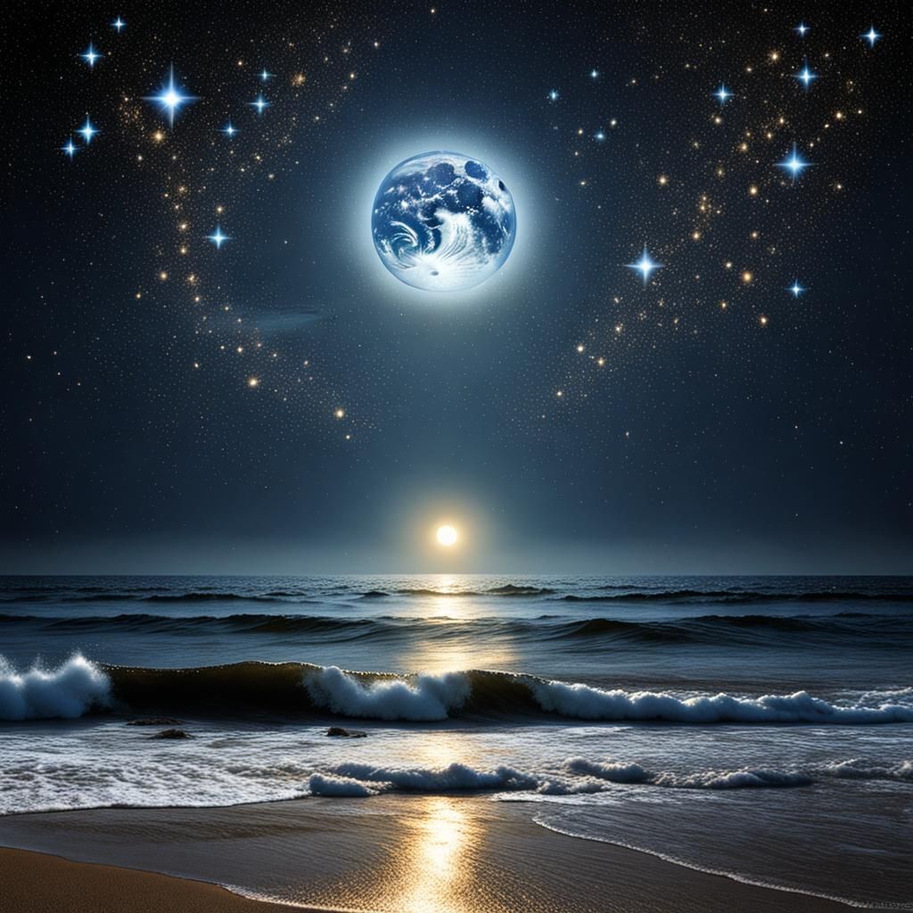 Golden Stars Surround Full Moon in Clear Sky