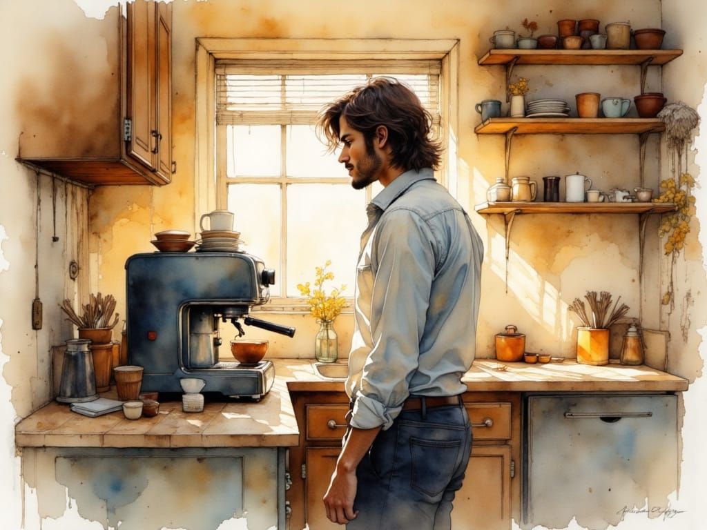 Man and Broken Espresso Machine in Watercolor Style