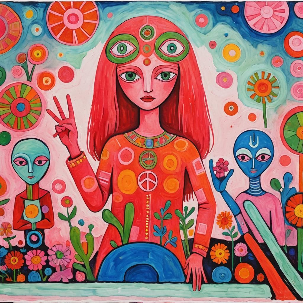 Surreal Gouache Art with Aliens, Flowers and Signs