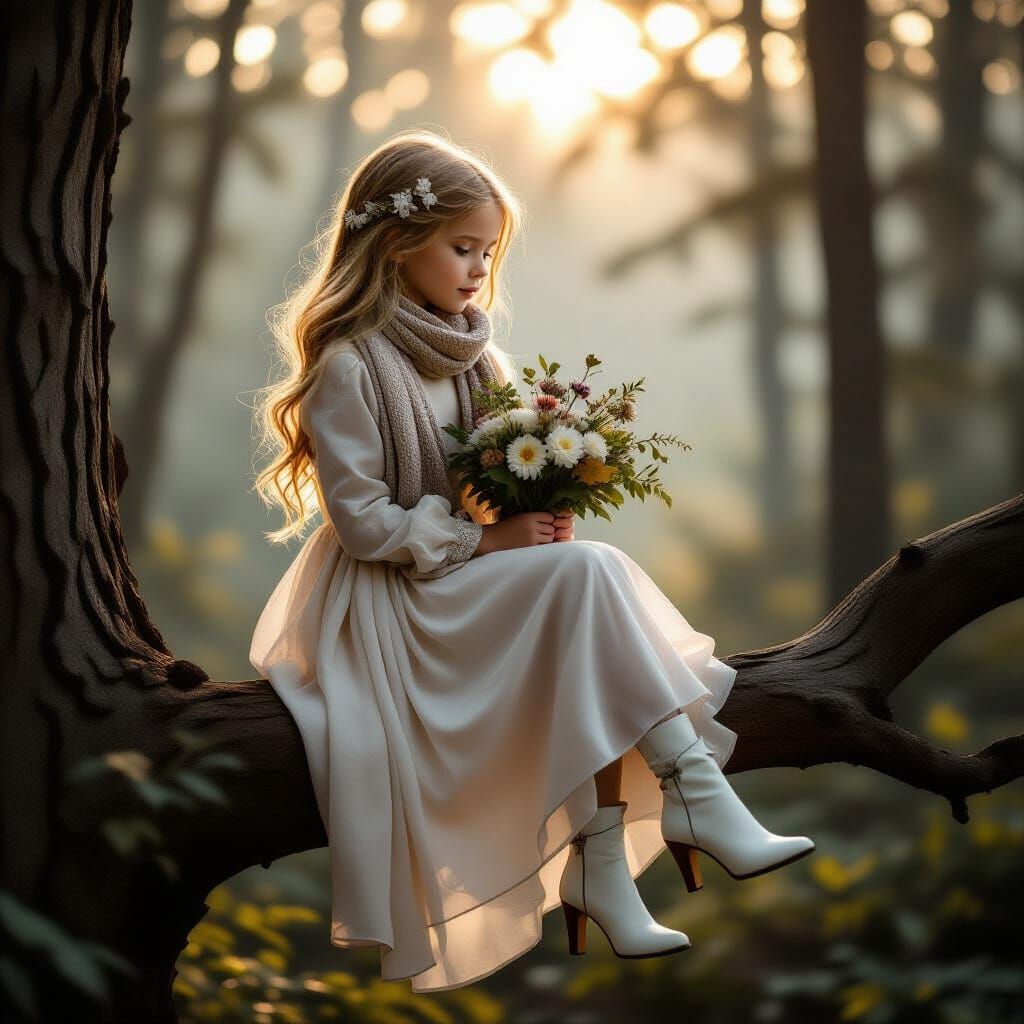 Young Girl in Flowing Dress on Tree Branch