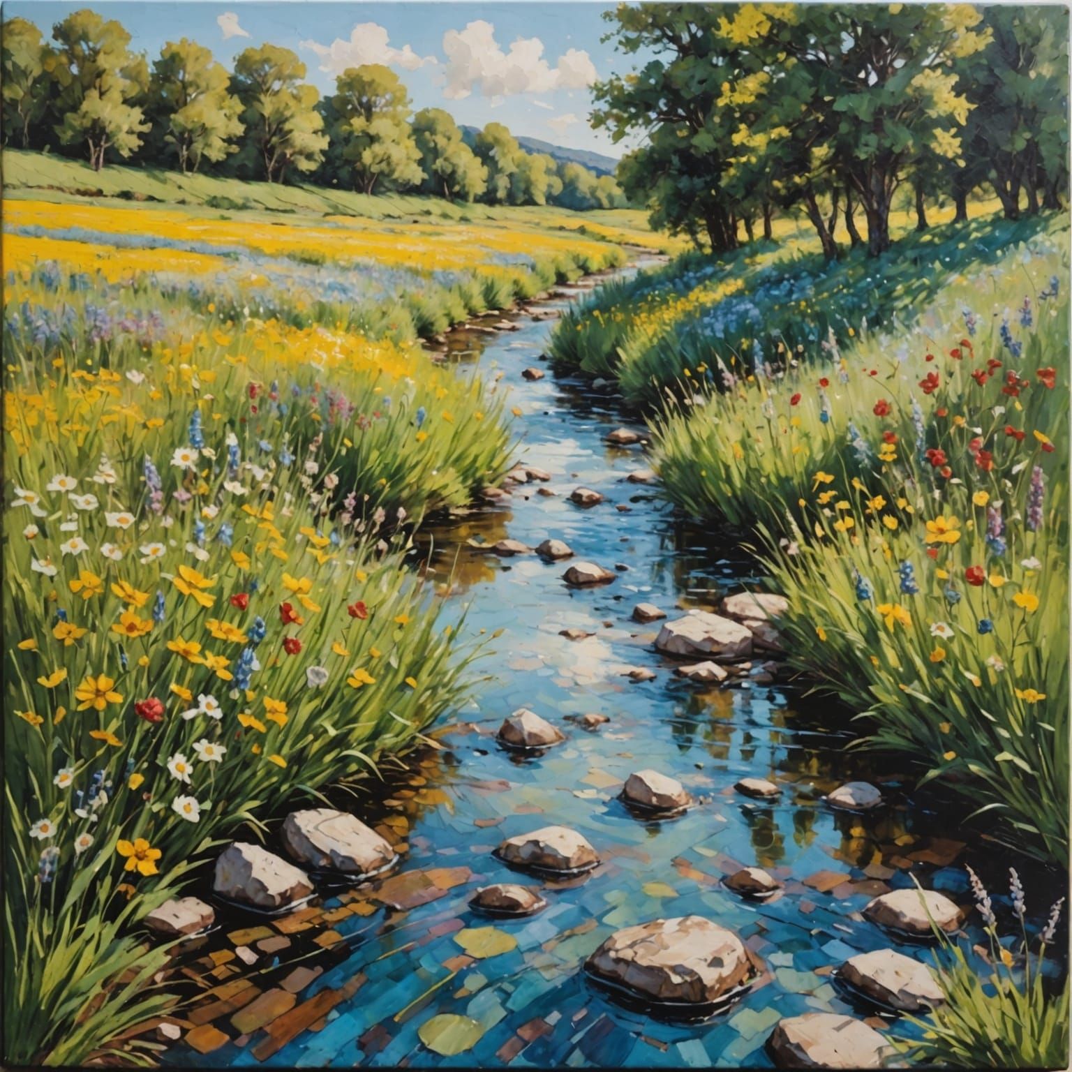 Encaustic Impasto Painting of a Sunny Stream