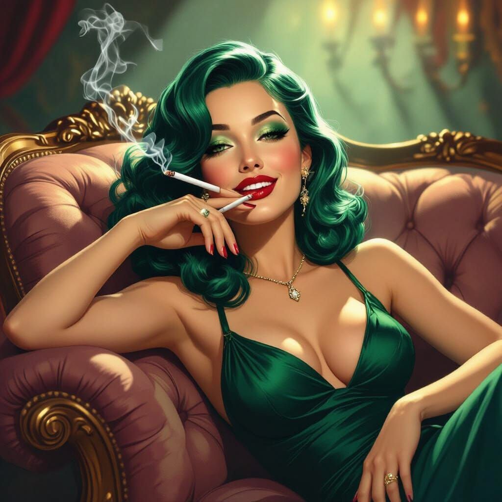 Emerald Haired Woman in Noir Art Deco Style