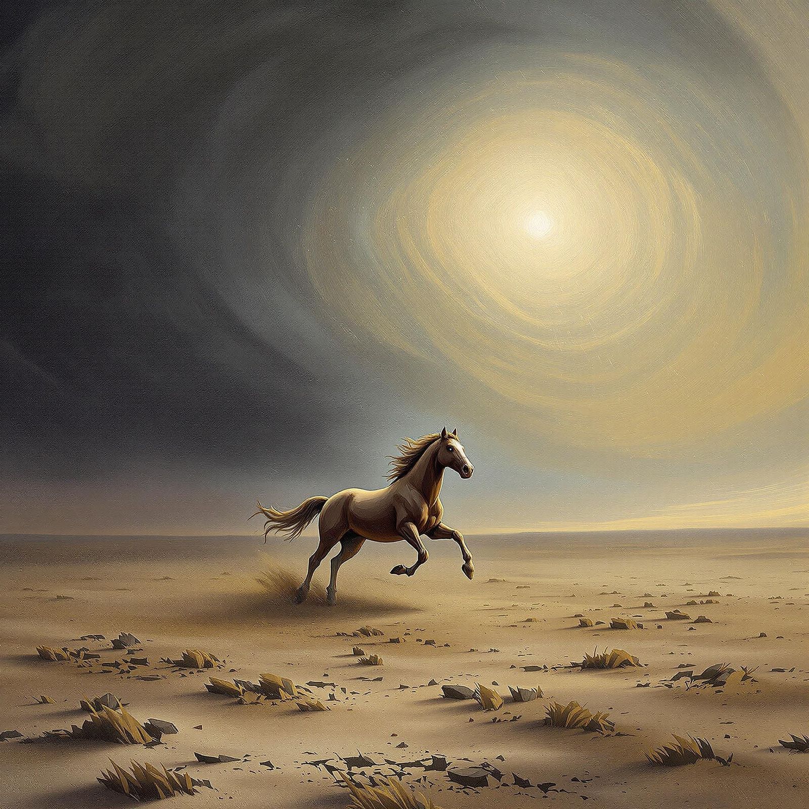 Dramatic Horse Gallops Across a Stormy Landscape