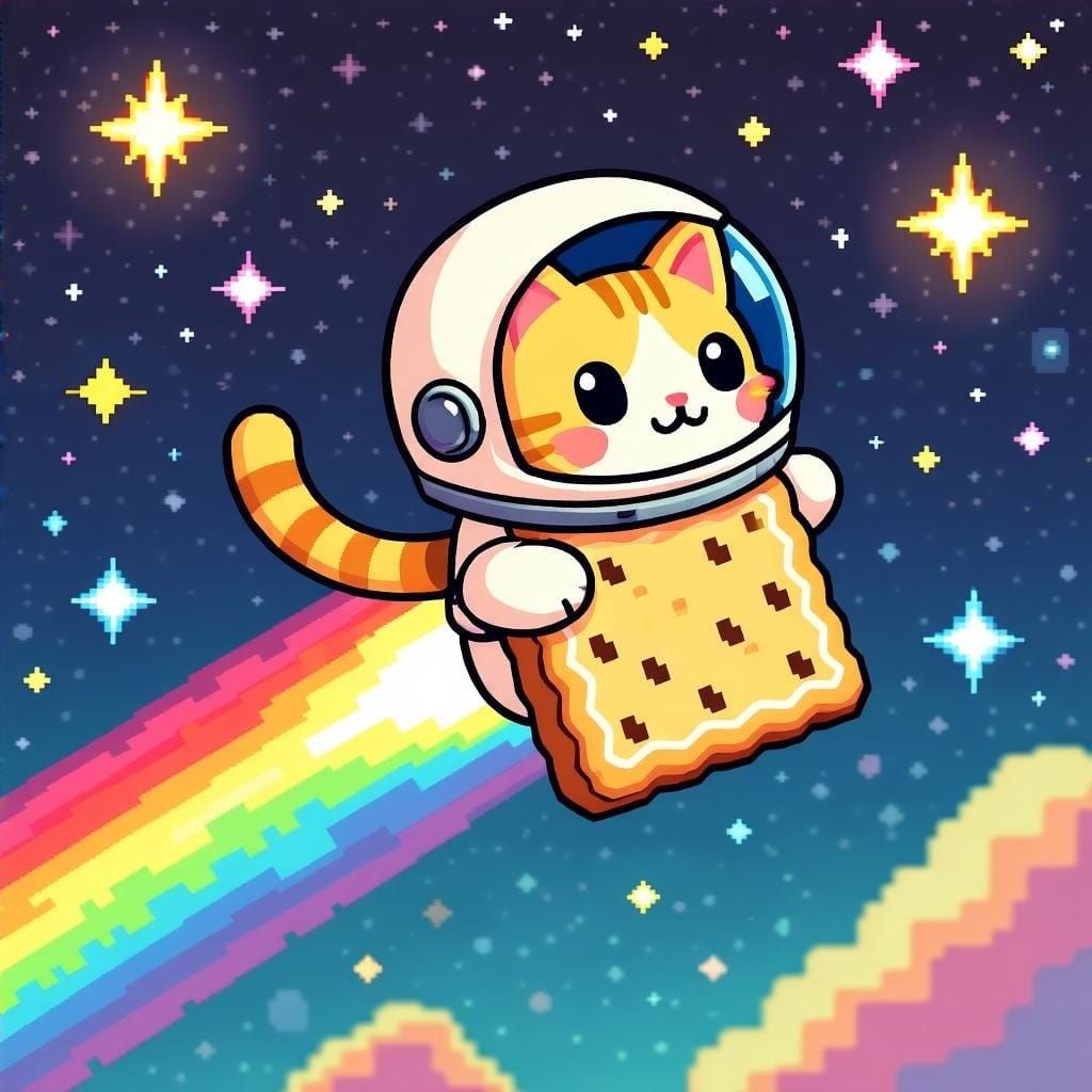 Pixel Cat in Astronaut Helmet Soars Through Galaxy