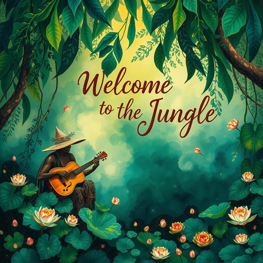 Lush Jungle Scene with Persian Calligraphy