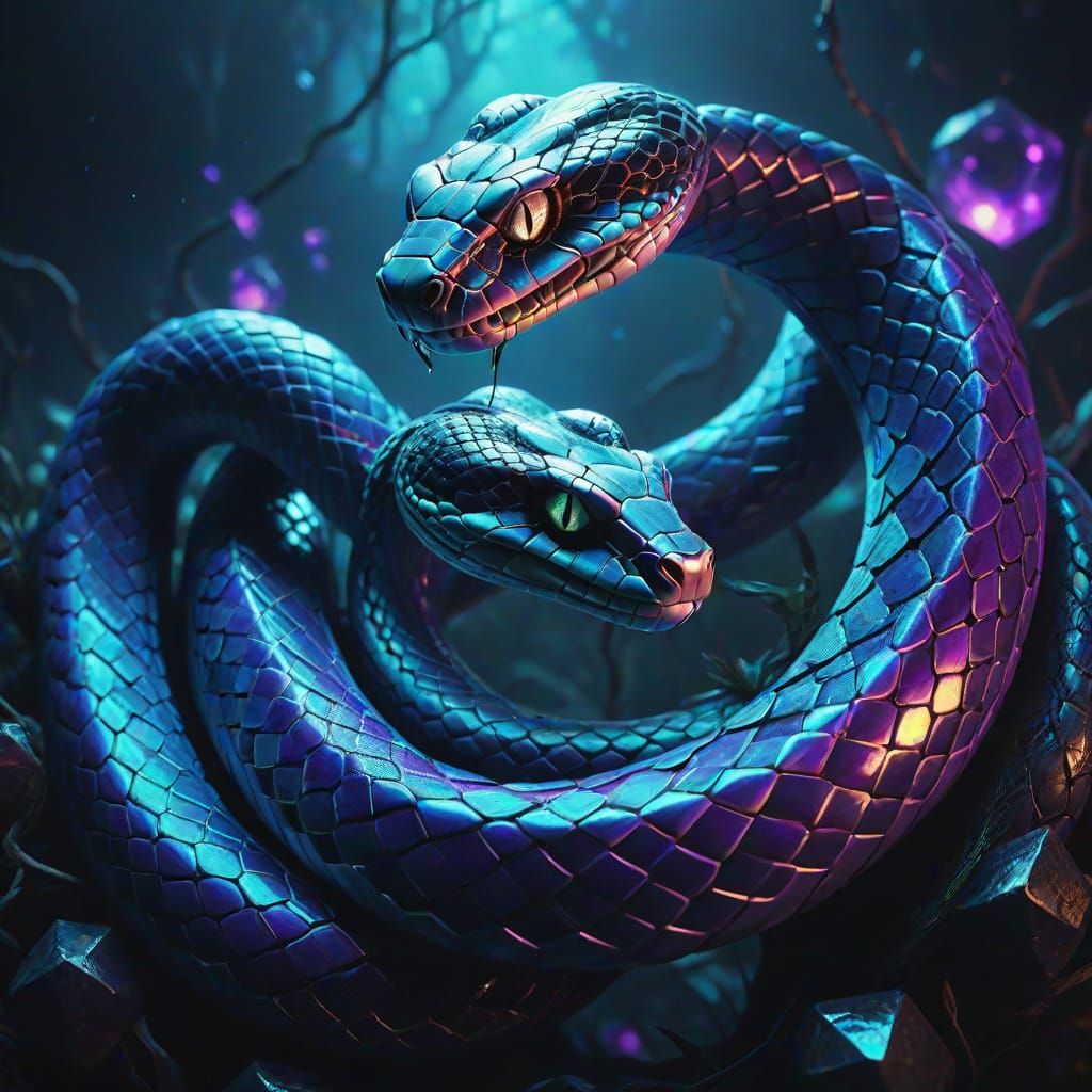 Surrealistic Entwined Serpents in Iridescent Hues