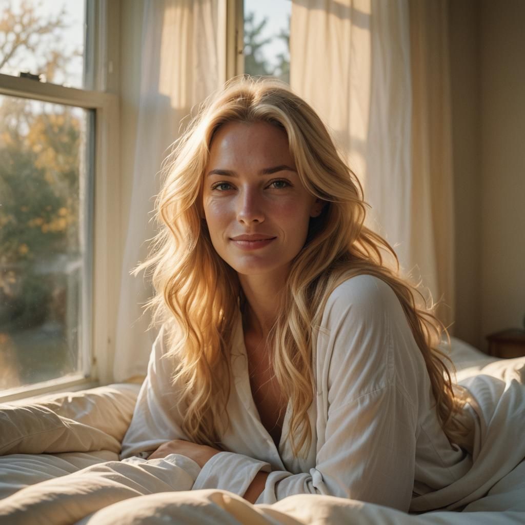Serene Morning: Woman Waking in Golden Light