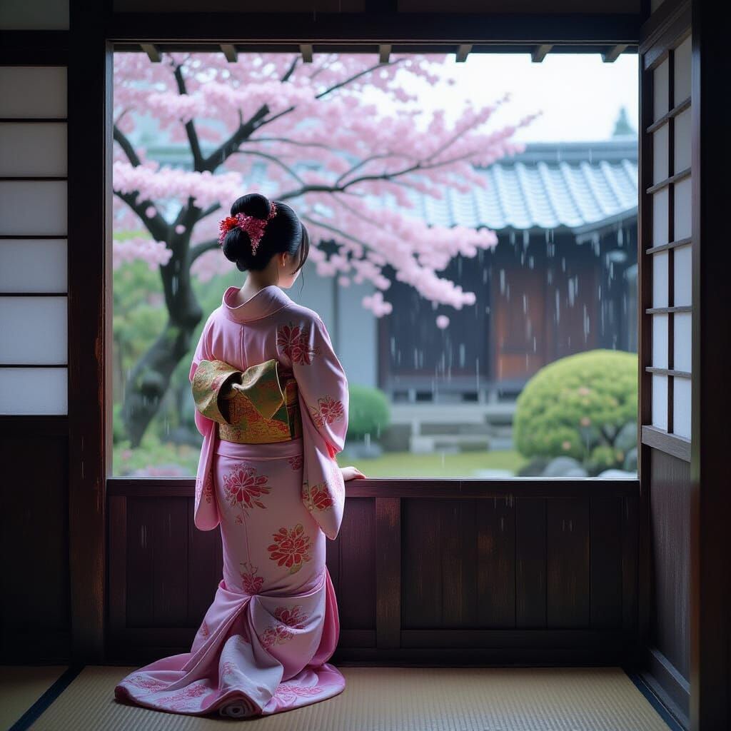 Japanese Woman in Kimono Gazing at Rain