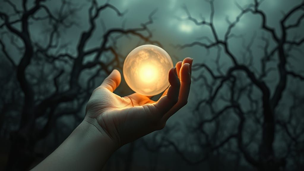 Ethereal Hand Cradles Heavenly Orb in a Haunting, Gothic Lan...
