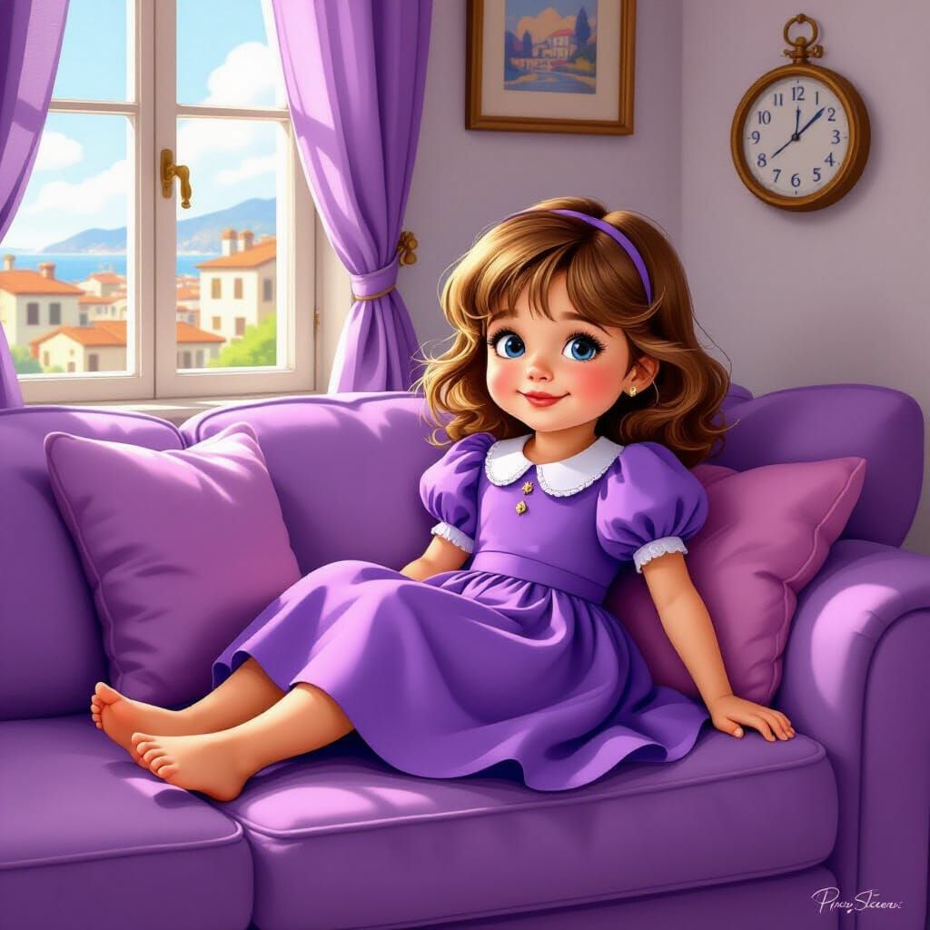 Italian Girl Relaxing on Couch in 80s Cartoon Style