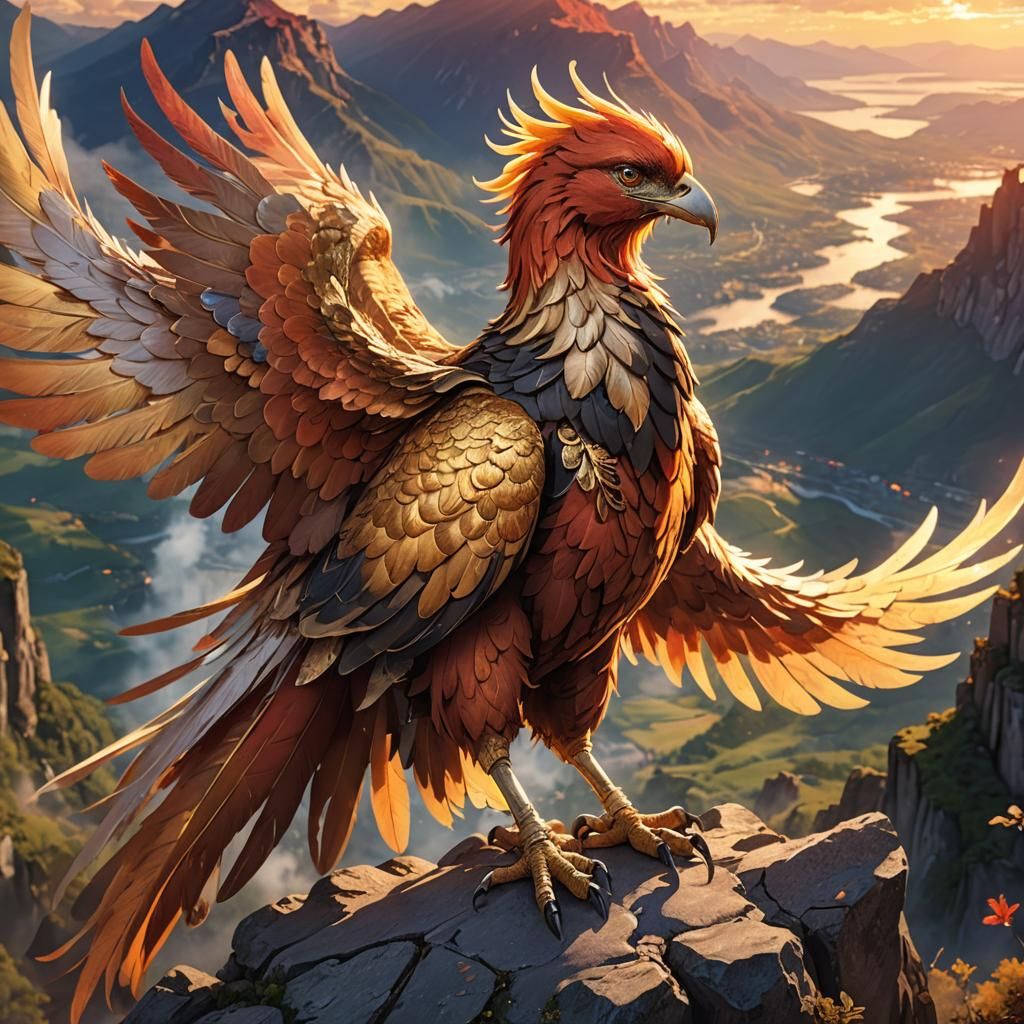 Bandaged Phoenix on Cliff in Anime Style