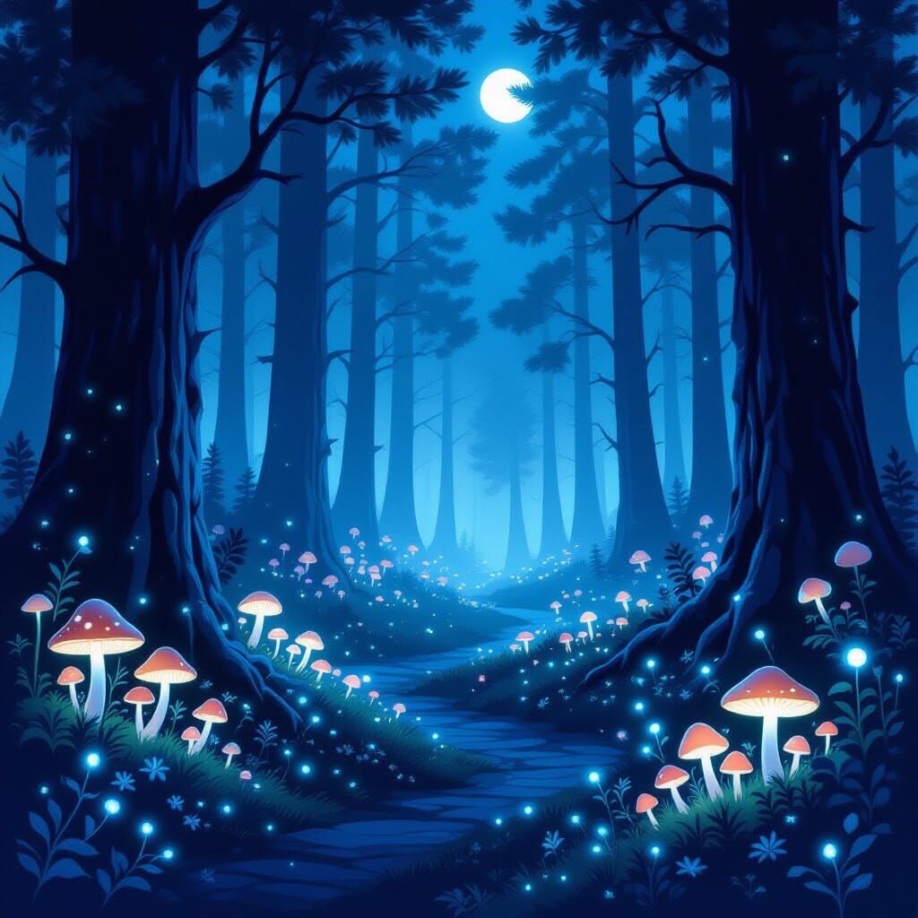 Magical Night Forest Storybook Illustration