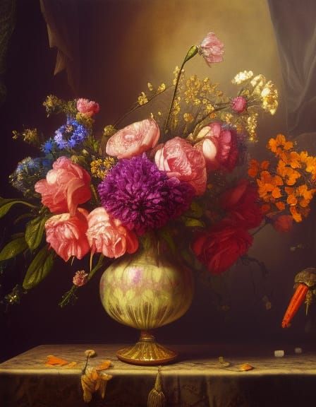 Gothic Flowers in Vase: Oil Painting