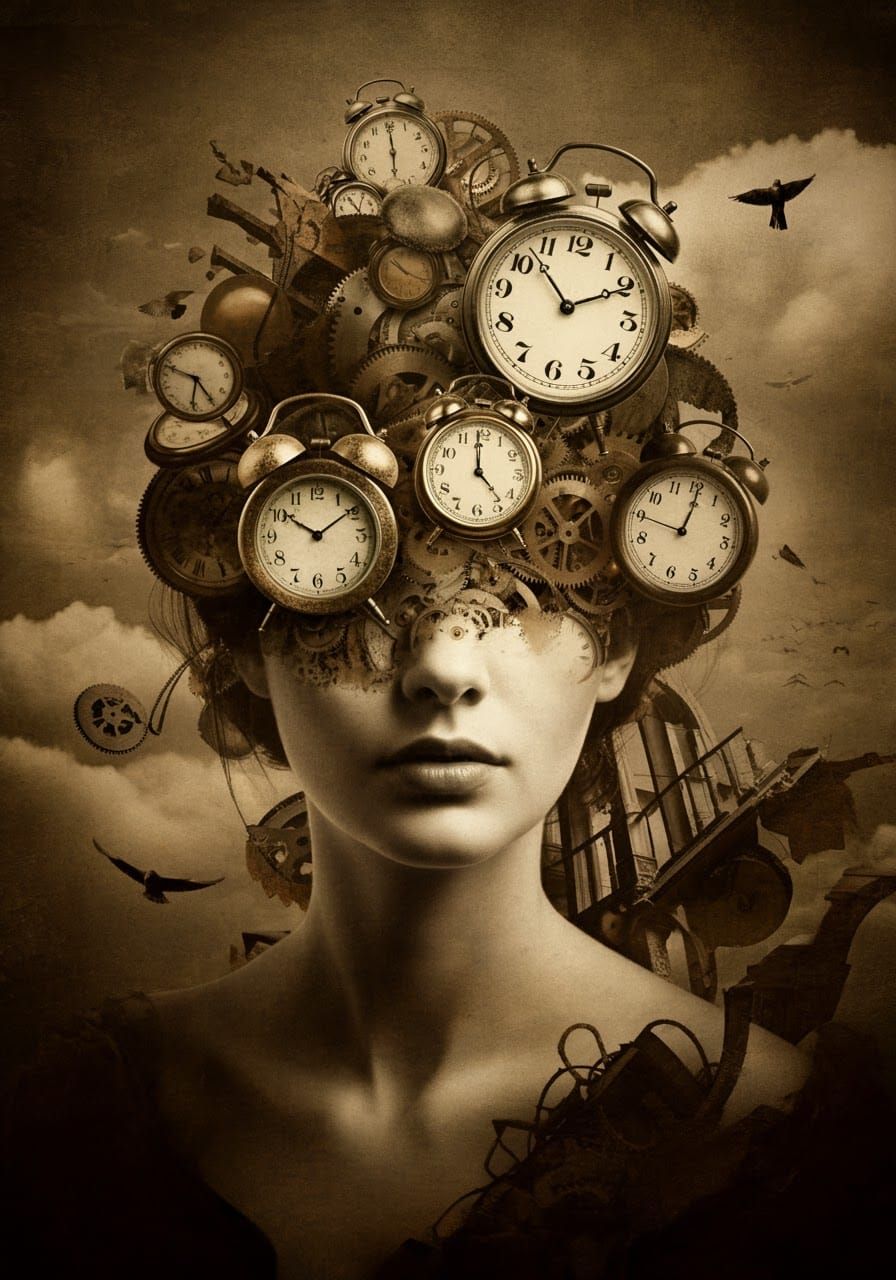 Surreal Steampunk Portrait of Woman in Time Storm