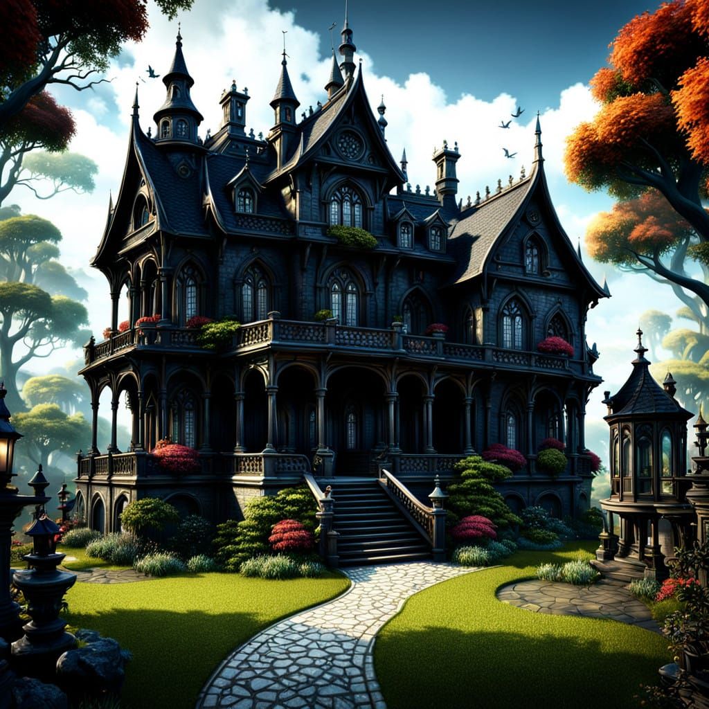 Gothic Mansion in a Dark Fantasy Garden