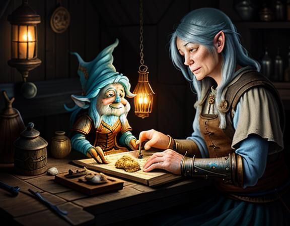 Gnome Repairing Automaton in Dark Fantasy Style