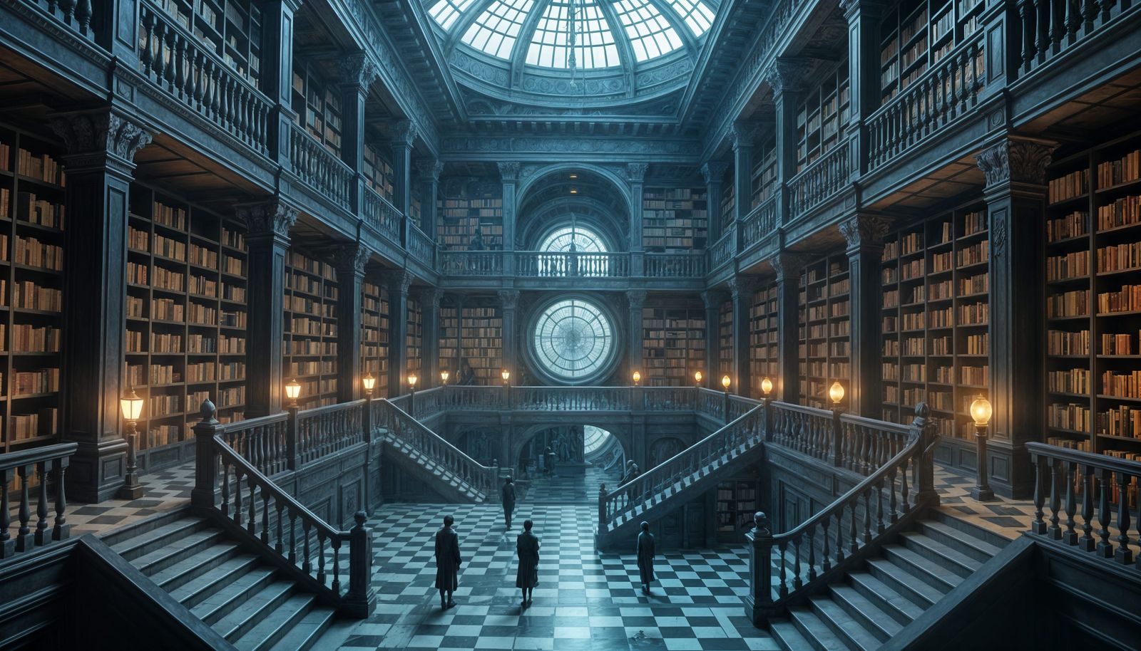 Infinite Borges Escher Library in Cold Tones