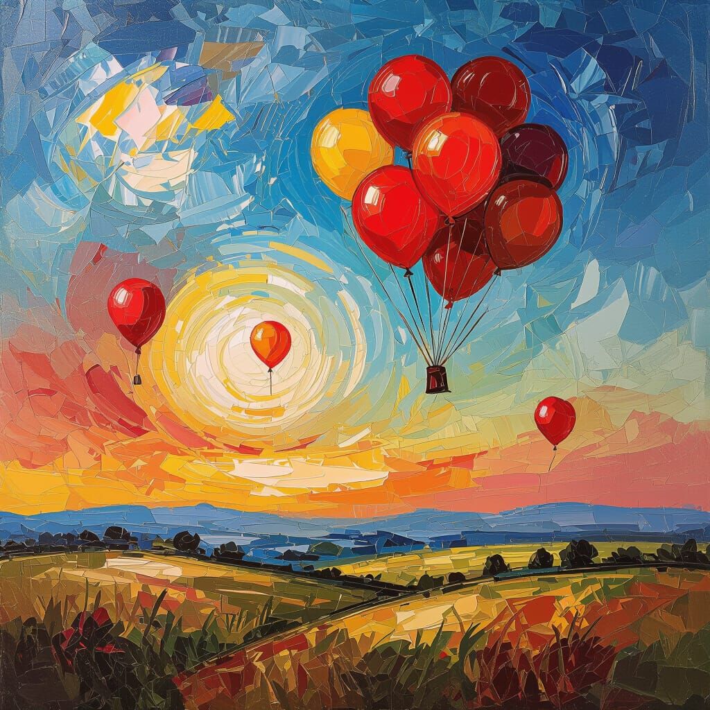 99 Red Balloons Ascend Through Abstract Skies