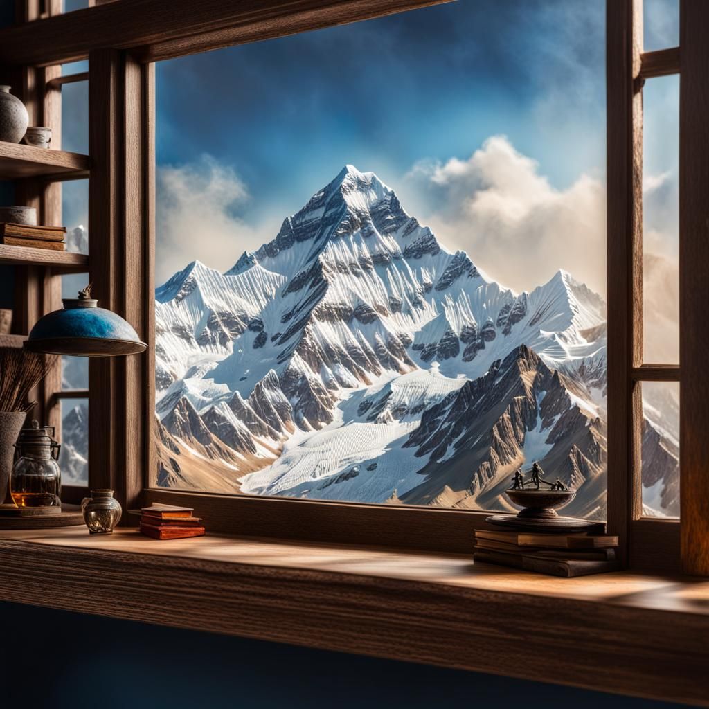 Miniature Mount Everest on Window Shelf: Splash Art