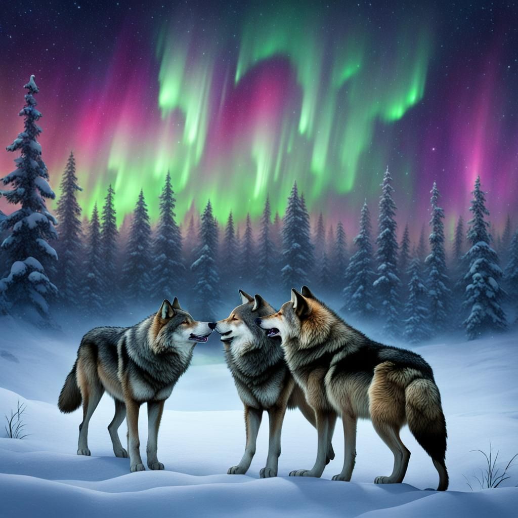 Wolves Howling at Northern Lights in Blizzard
